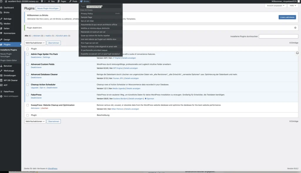 Admin Page Spider PlugIn für WordPress