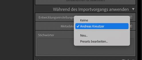 Importdialog Lightroom